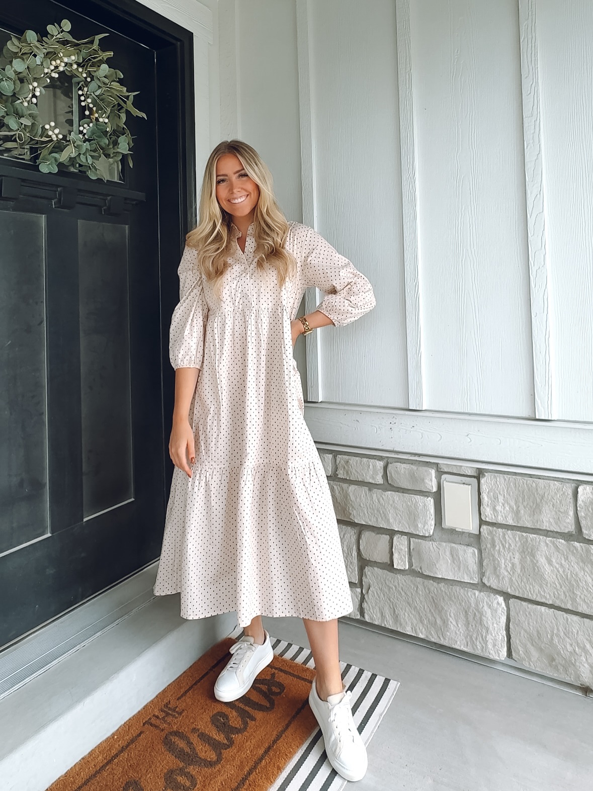 Polka Dot Midi Dress and Sneakers