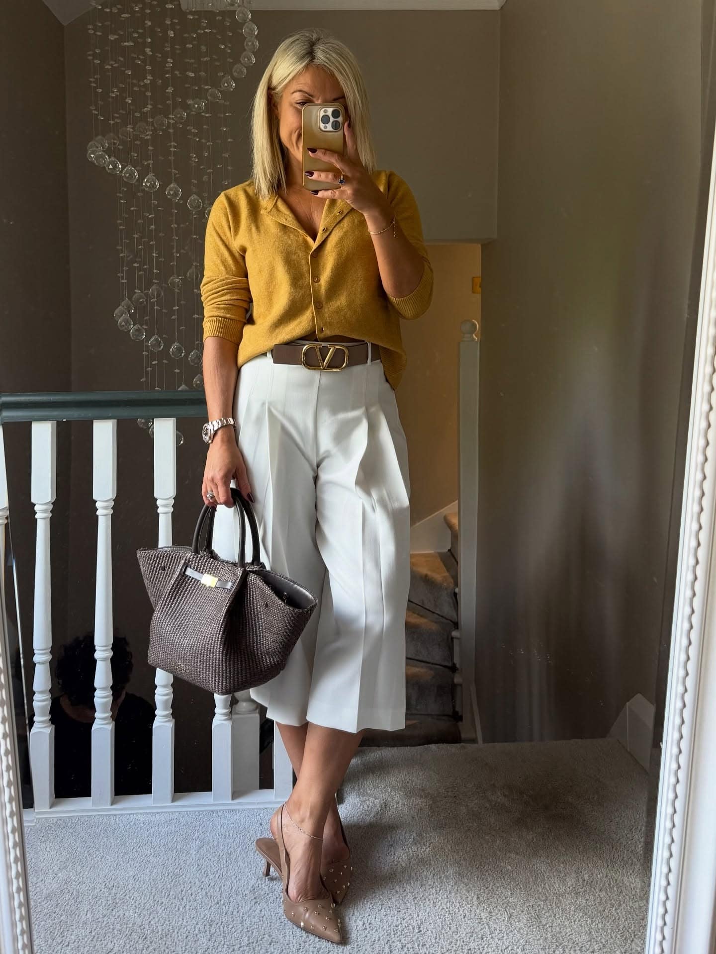Mustard Cardigan and White Culottes