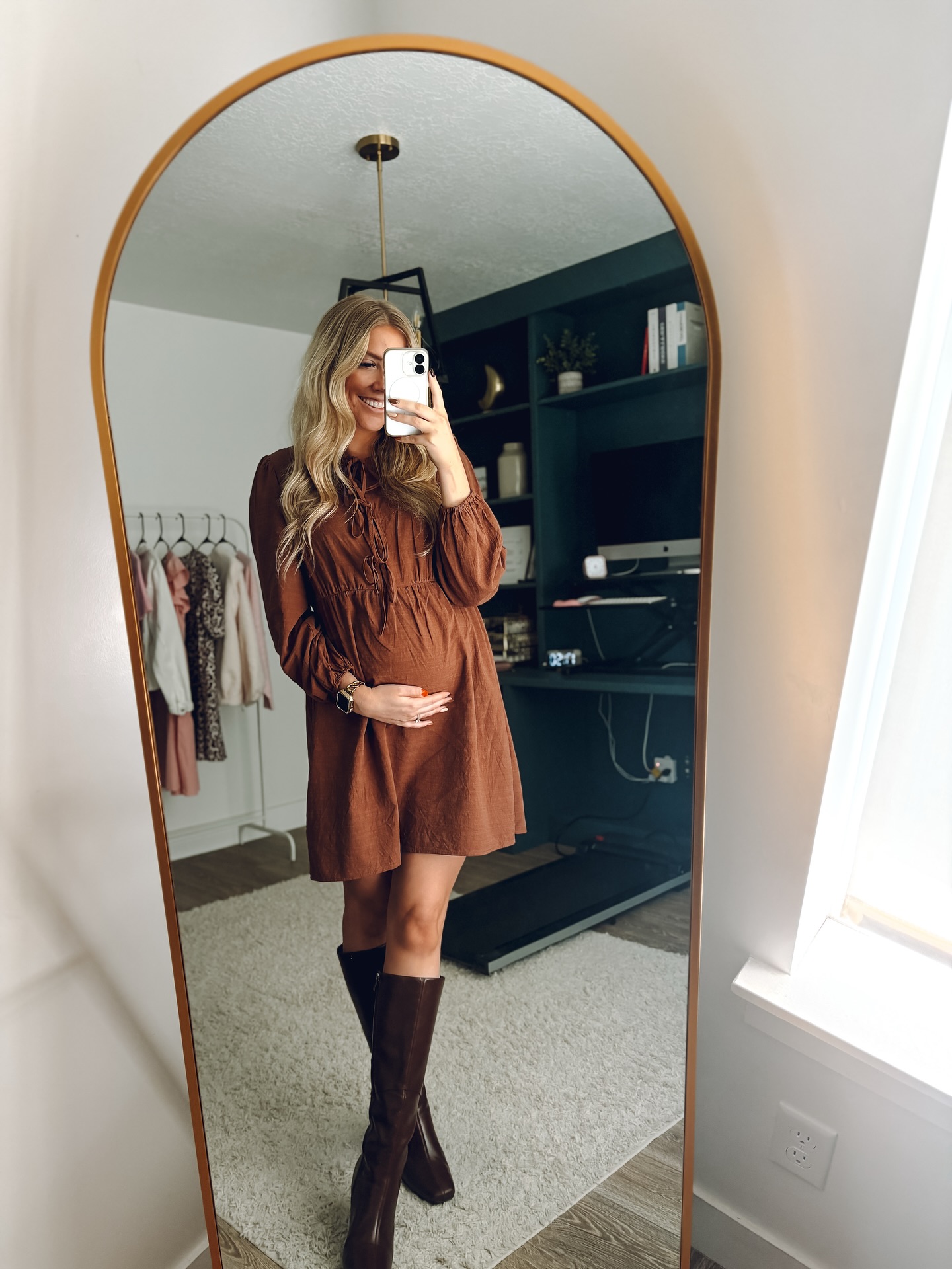 Rust Mini Dress and Knee-High Boots