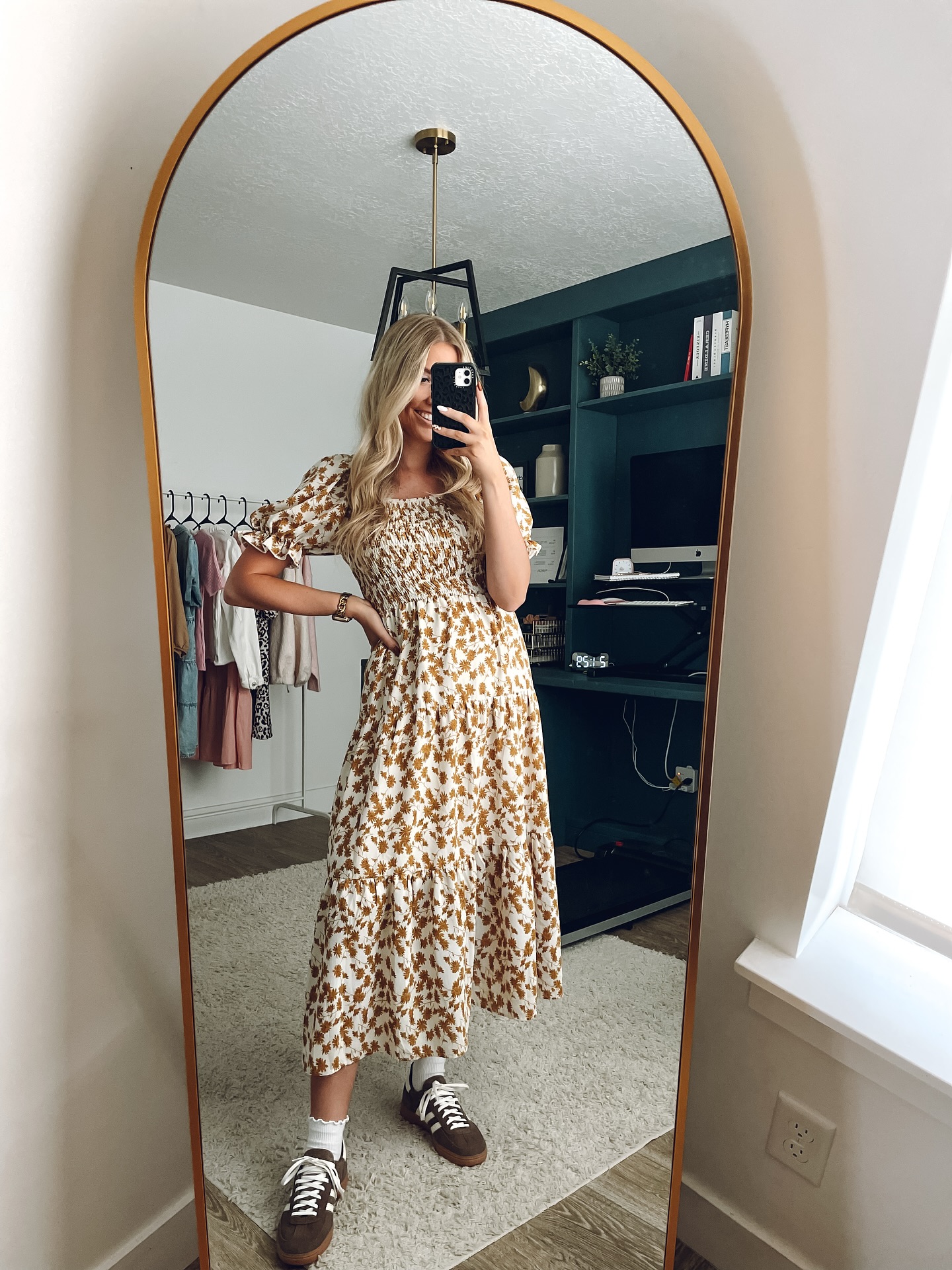 Floral Midi Dress and Lace-Up Sneakers