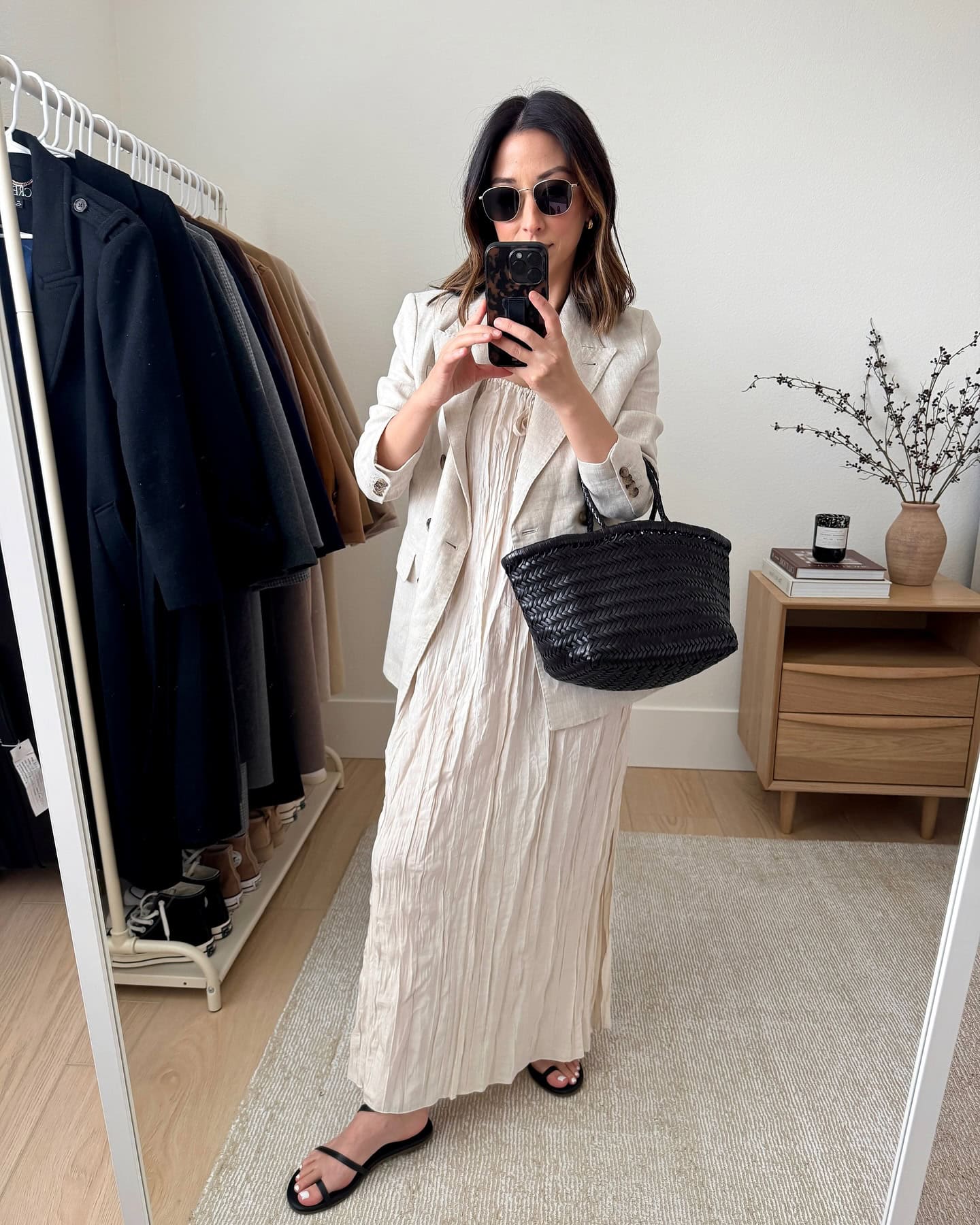 White Linen Blazer and Pleated Dress