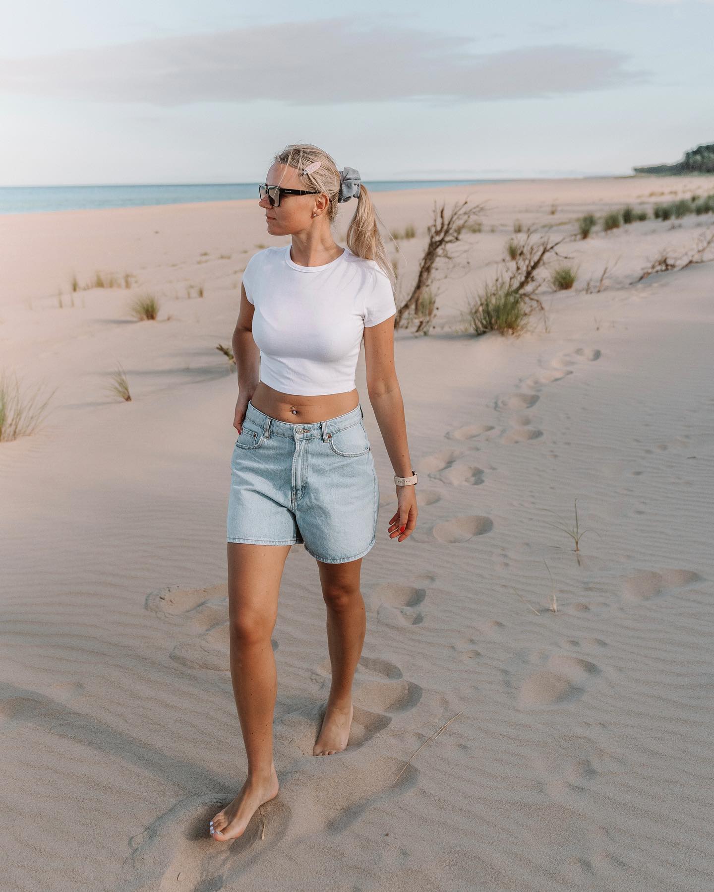 White Crop Top and Denim Shorts