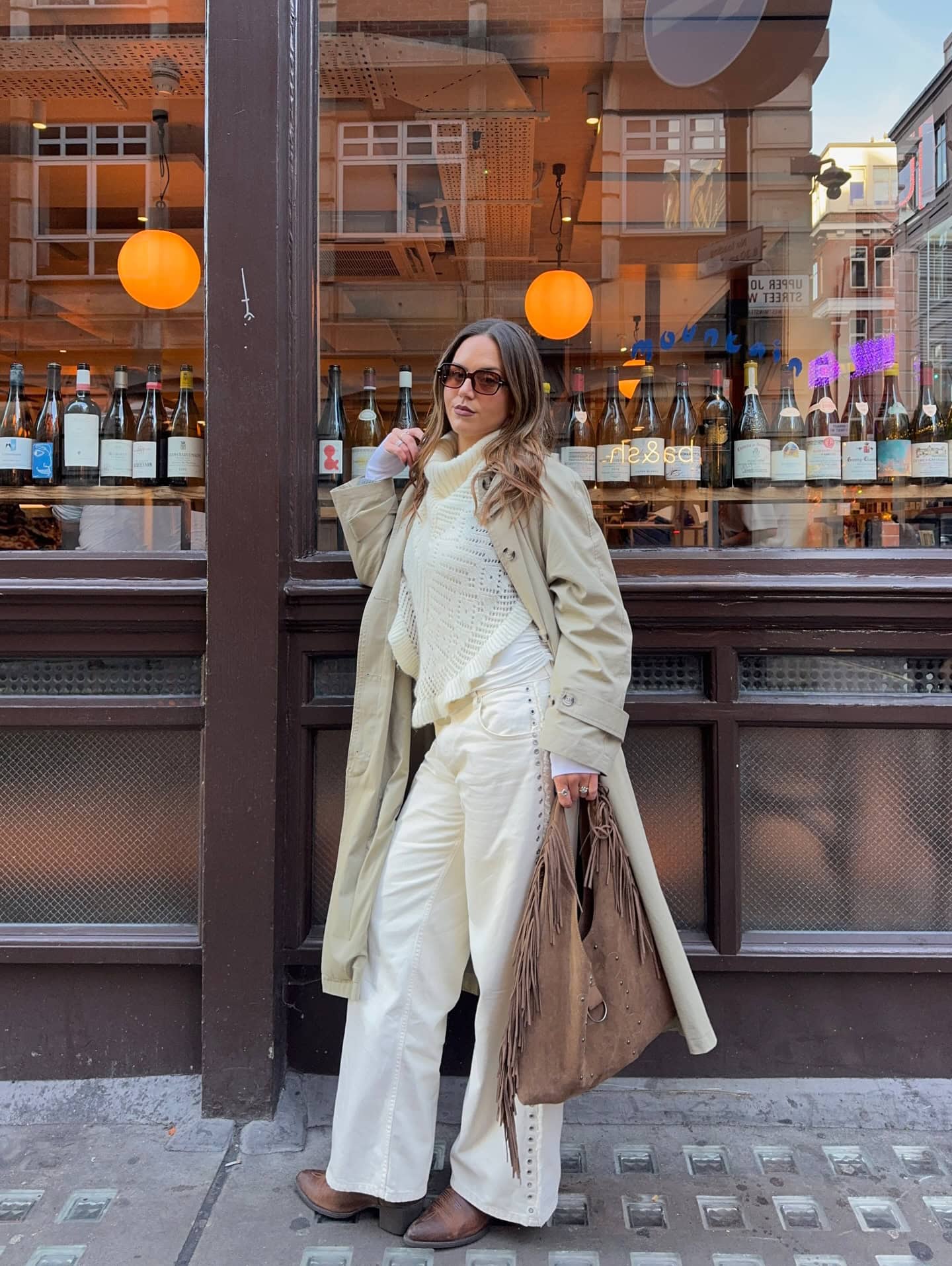 Beige Trench Coat and White Knit Sweater