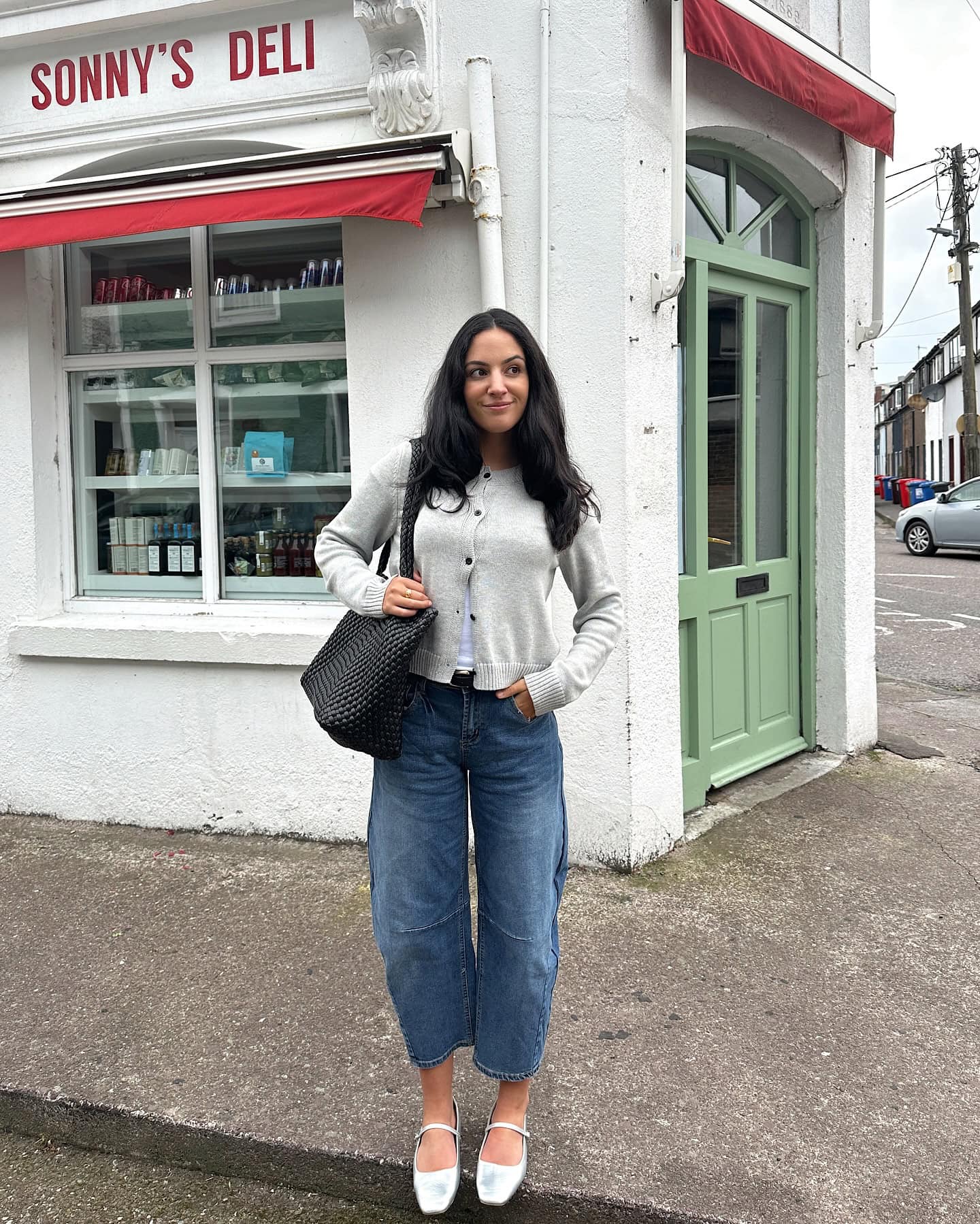 Cardigan Sweater and Wide-Leg Jeans