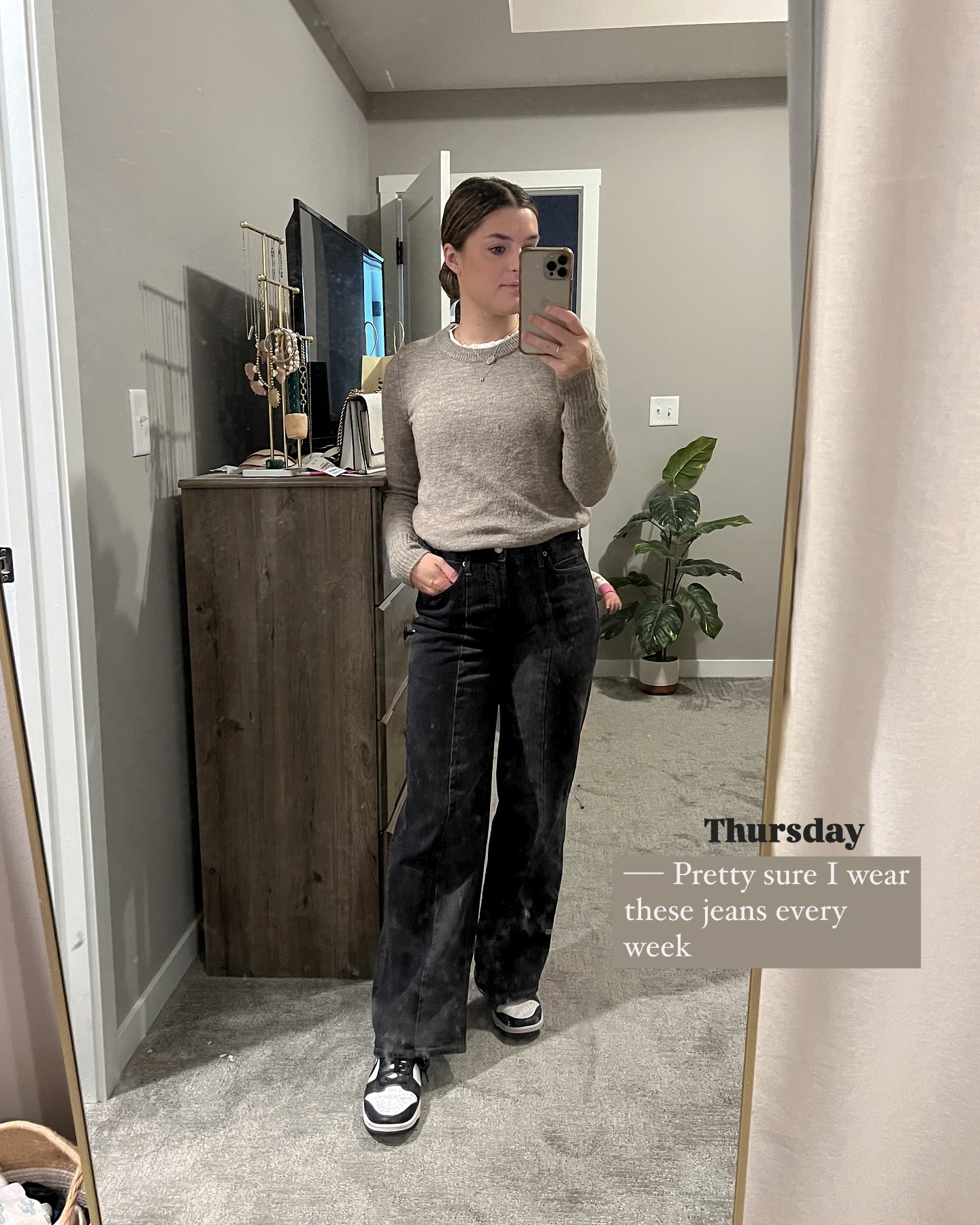 Beige Sweater and Black Jeans