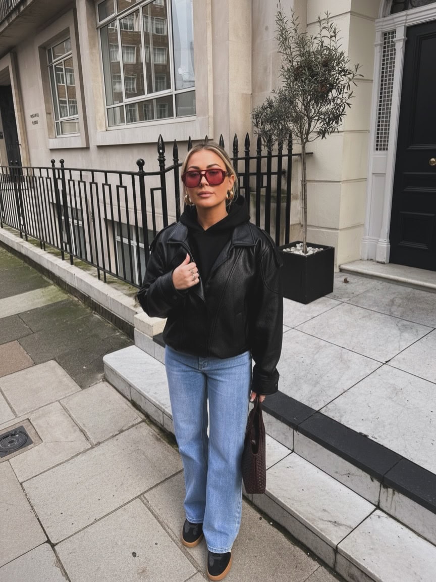 Black Leather Jacket and Blue Jeans