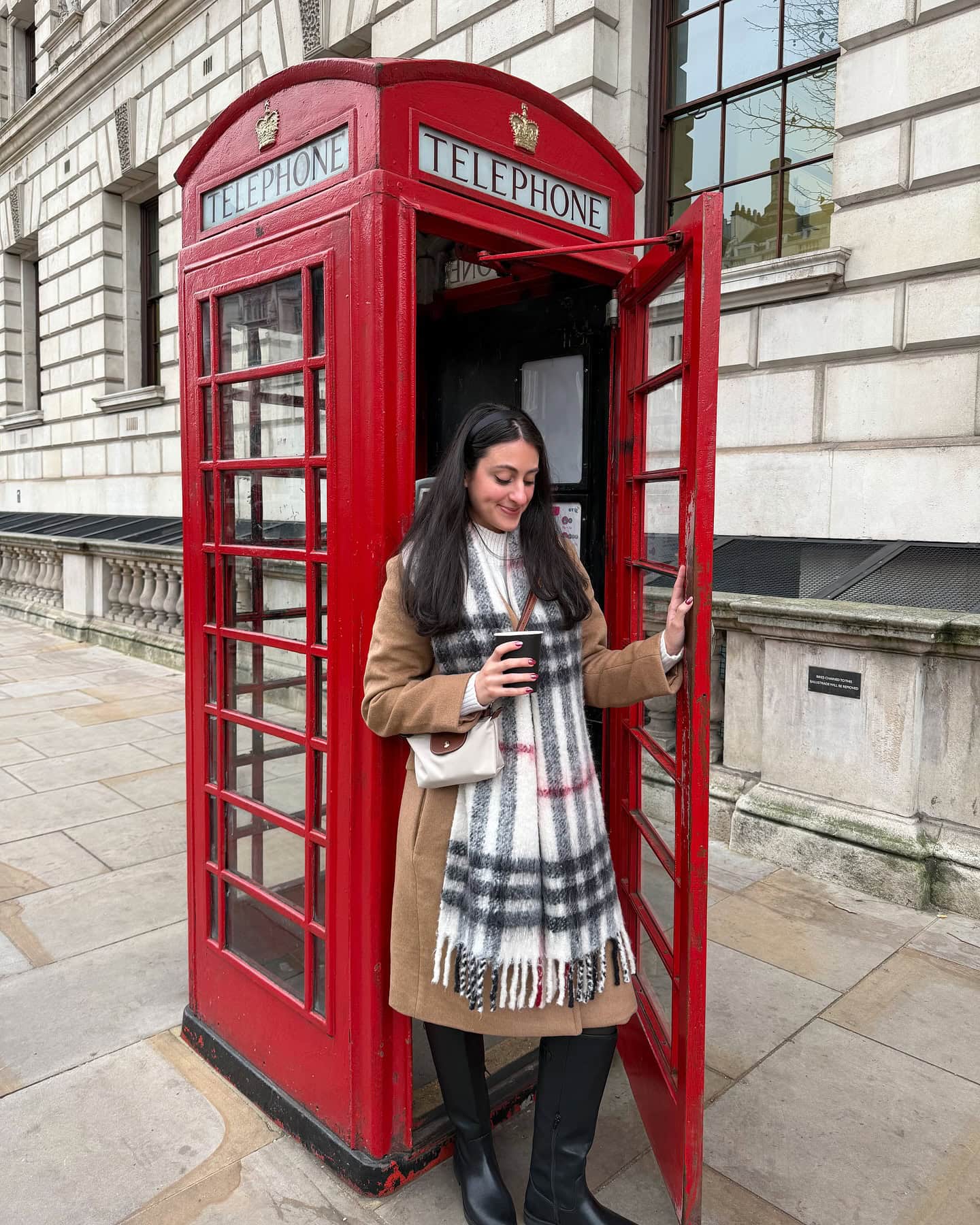 Camel Coat and Striped Scarf