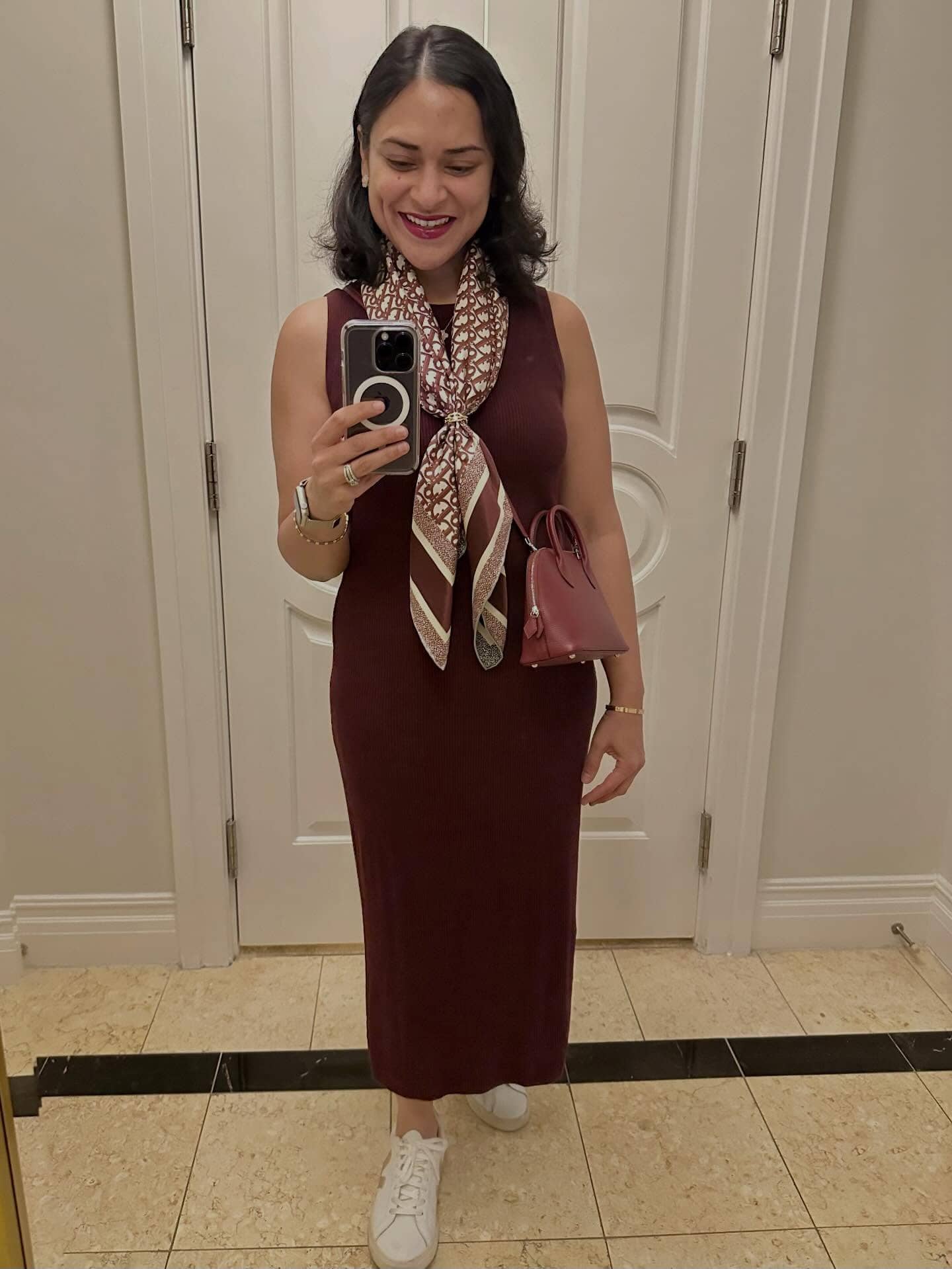 Burgundy Sleeveless Dress and Patterned Scarf