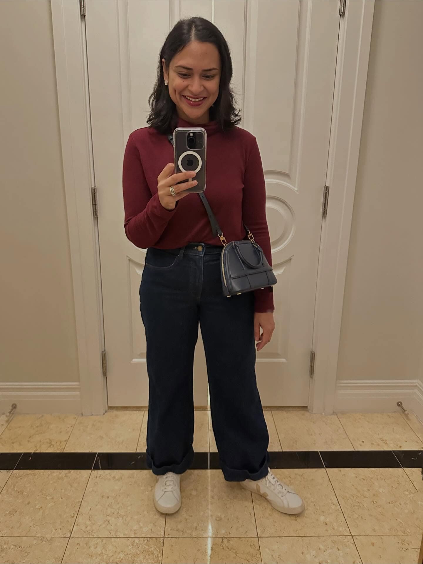 Burgundy Long Sleeve Top and Dark Wash Jeans