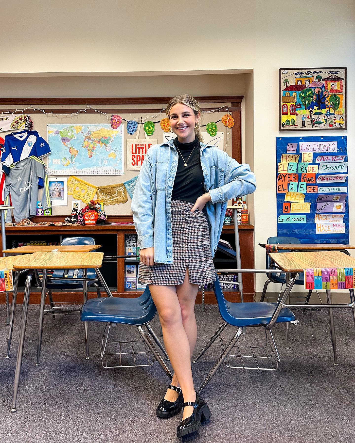 Layered Denim and Checkered Skirt