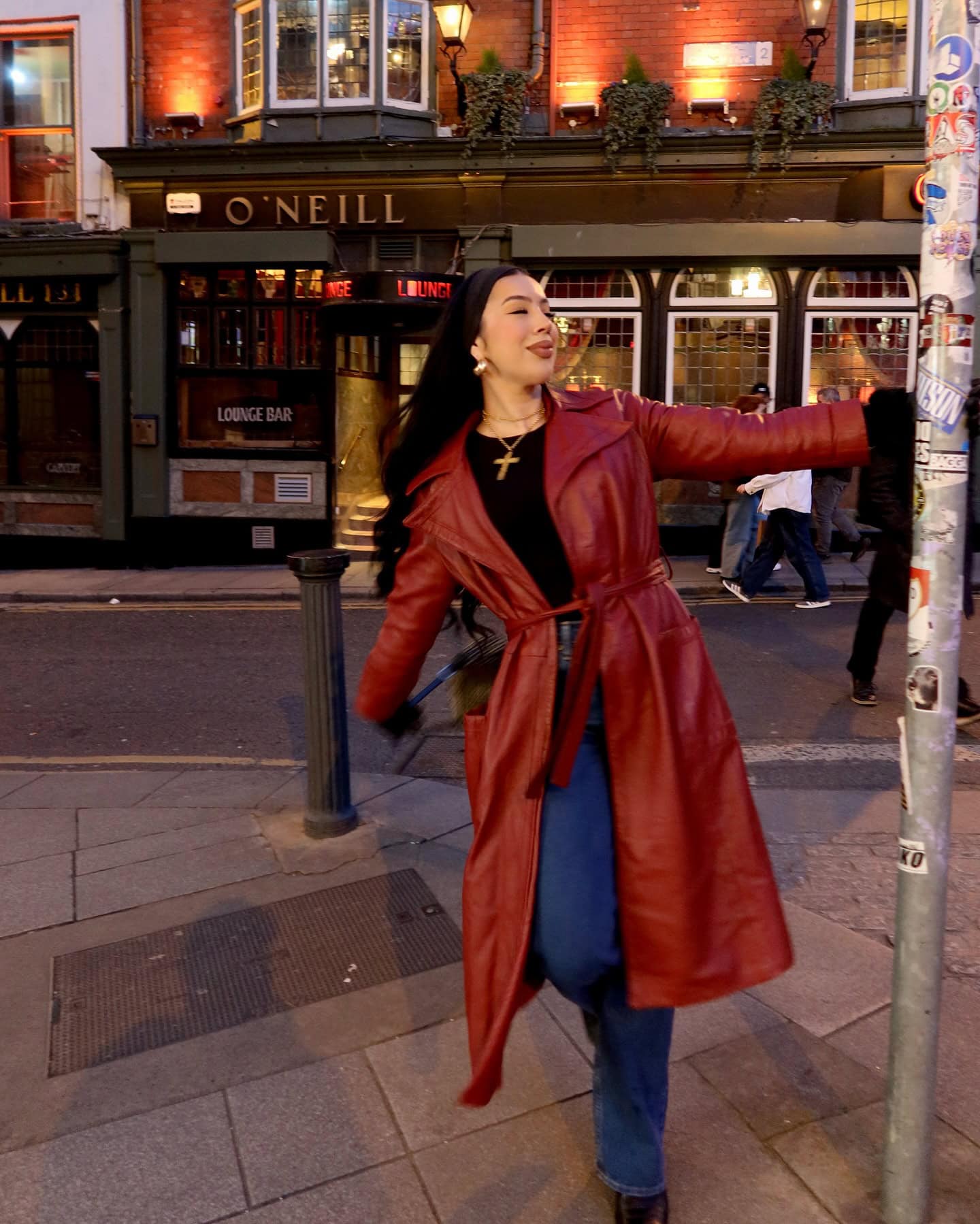Leather Trench and Straight-Leg Jeans