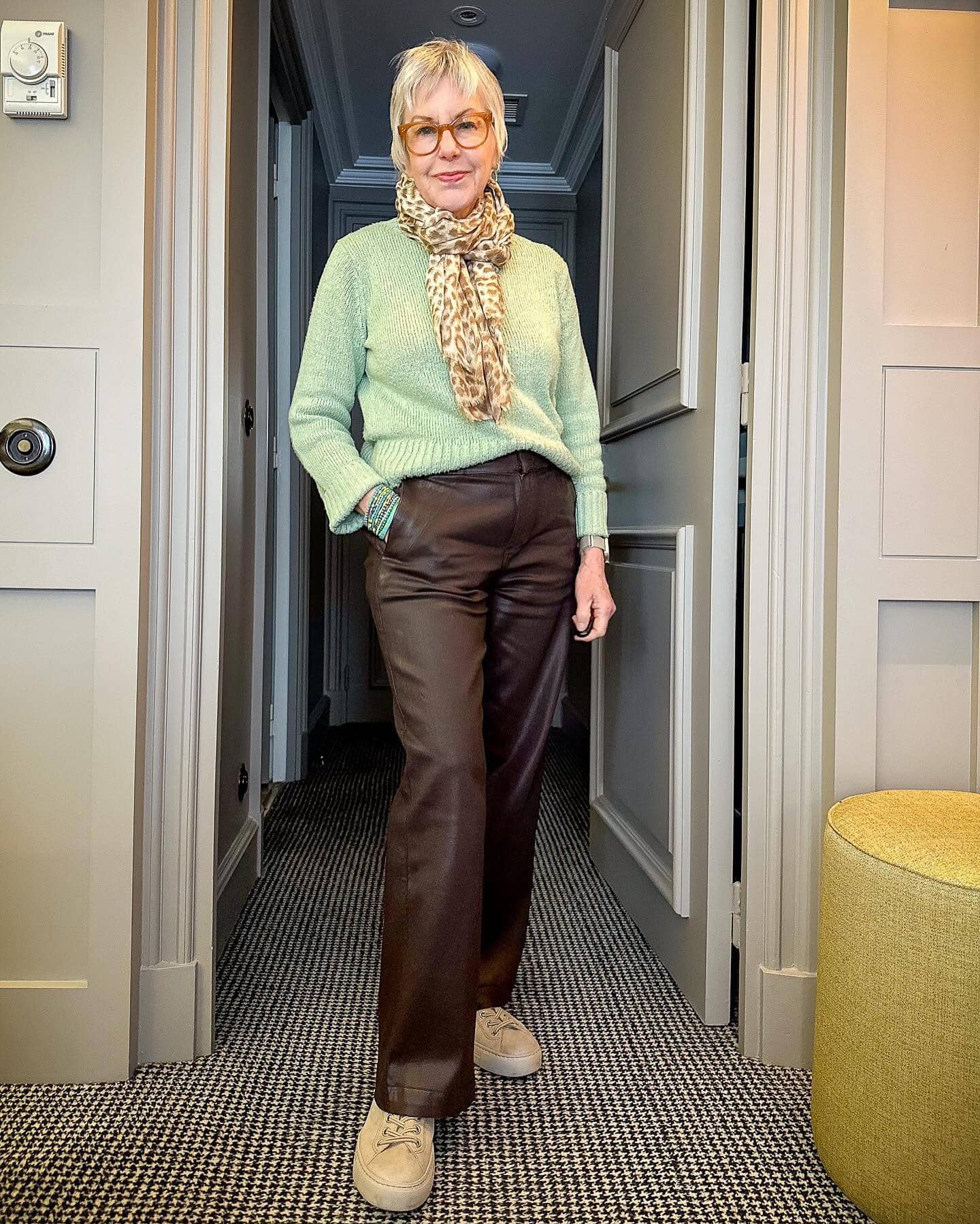 Light Green Knit Sweater and Brown Leather Pants