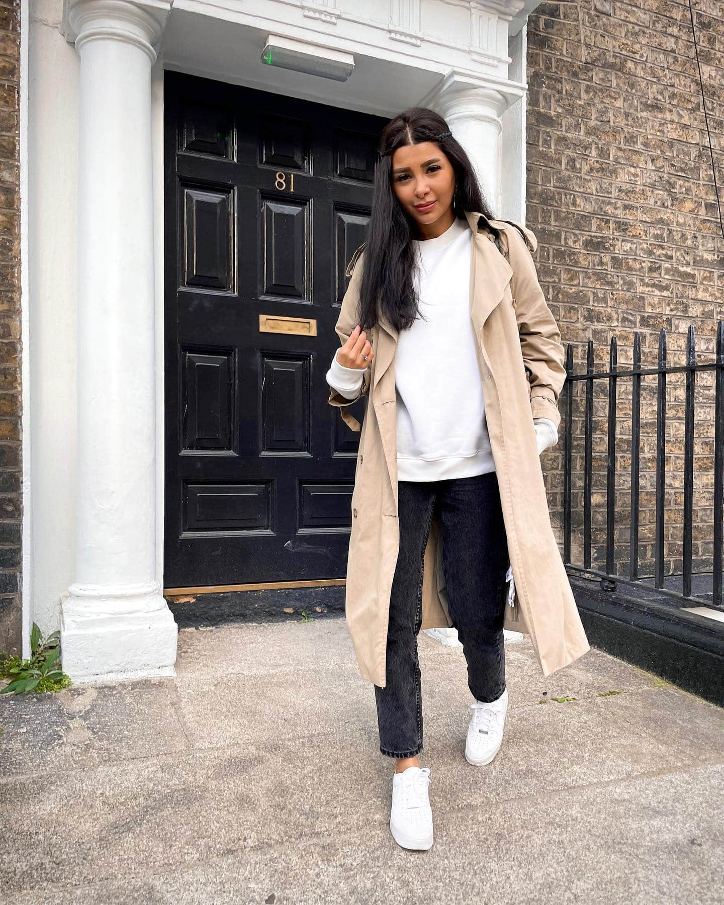 Beige Trench and White Sweatshirt