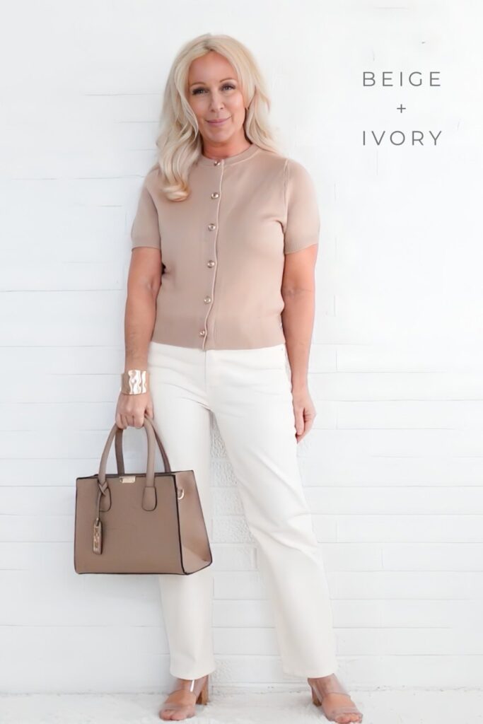 Beige Cardigan and Ivory Wide-Leg Pants