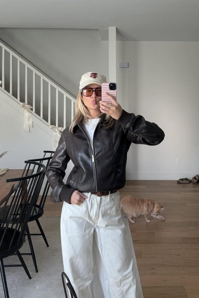 Black Leather Bomber and White Jeans