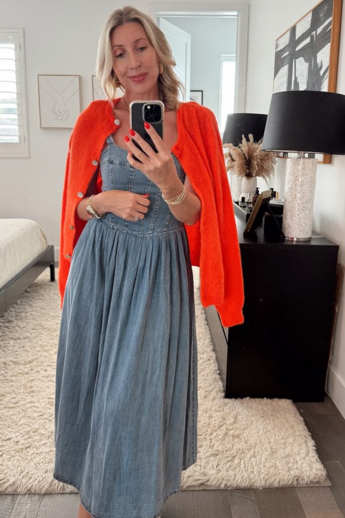 Bright Cardigan and Denim Dress