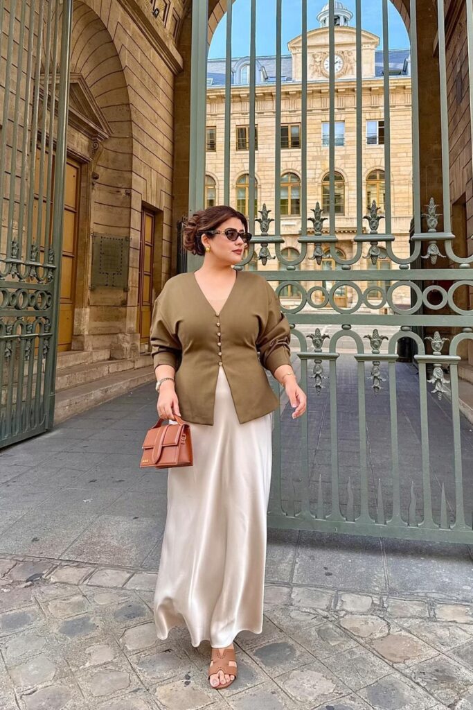 Olive Silk Top and Maxi Skirt