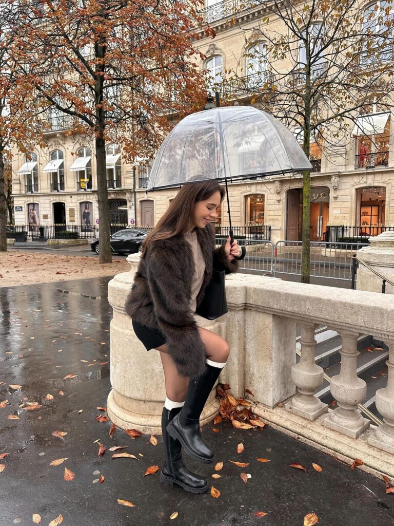 Woman under a clear bubble umbrella in a dark brown faux fur jacket, black shorts and tall black boots with white socks on a rainy Paris street