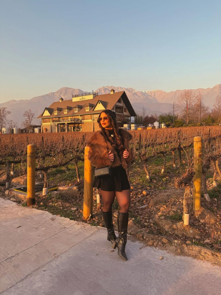Woman in a brown faux-fur jacket, black pleated mini skirt, tights and tall black boots at a vineyard at sunset