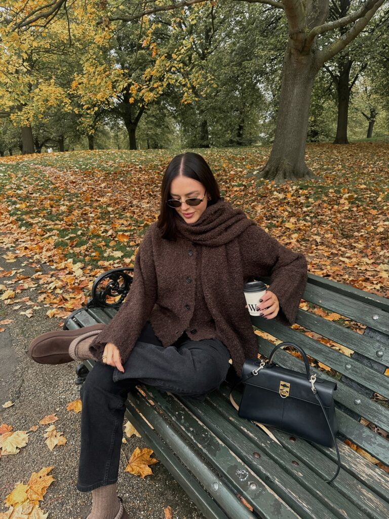 Woman on a park bench in a brown teddy-textured cardigan with a matching scarf and a black top-handle bag among autumn leaves