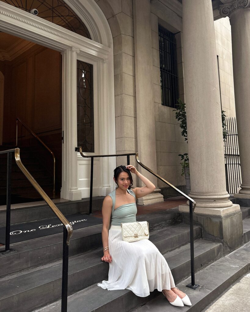 White Pleated Midi Skirt and Sage Green Top