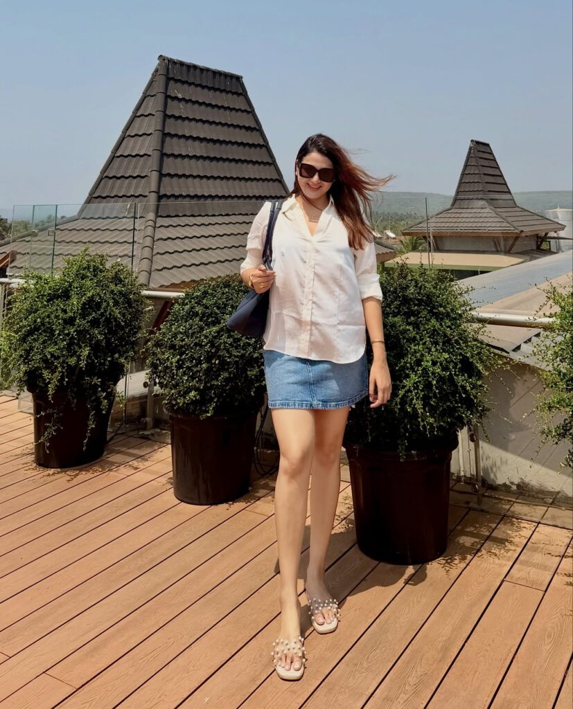 Denim Mini Skirt and White Button-Up Shirt