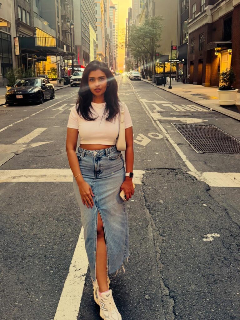 Light Blue Denim Midi Skirt and White Crop Top