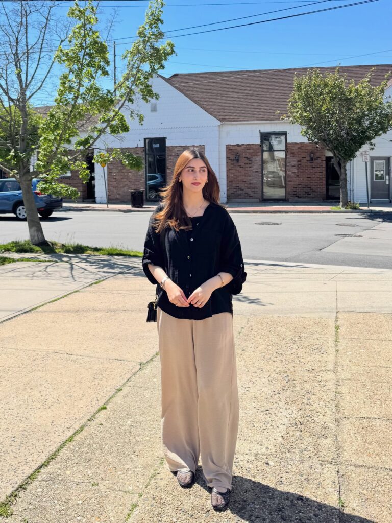 Black Oversized Shirt and Beige Wide-Leg Trousers