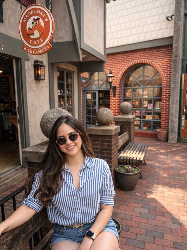 Woman wearing a blue and white striped button-down shirt with denim shorts and sunglasses sitting on a bench outside a cafe and creamery