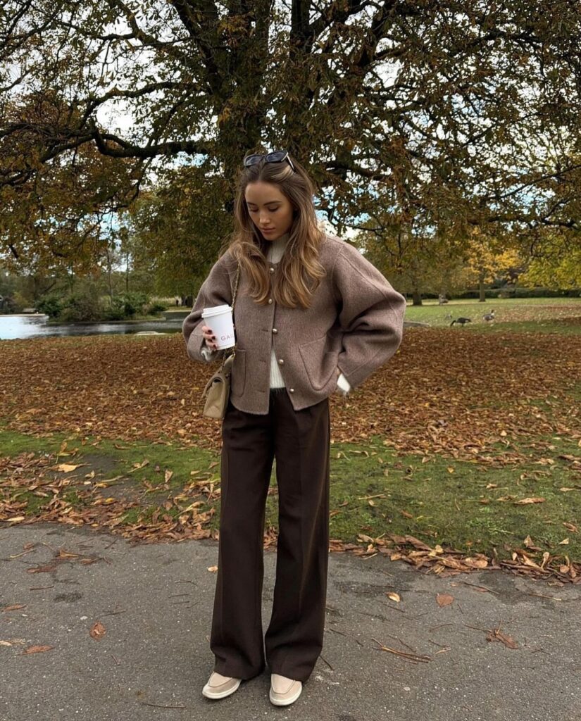 Woman in a park holding a coffee wearing a mocha wool cardigan jacket with gold buttons over a cream knit, chocolate wide-leg trousers and cream loafers