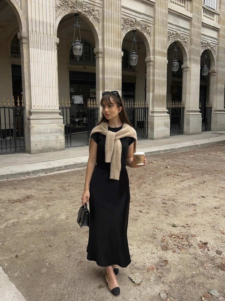 Black Tee + Slip Skirt + Sweater Over the Shoulders